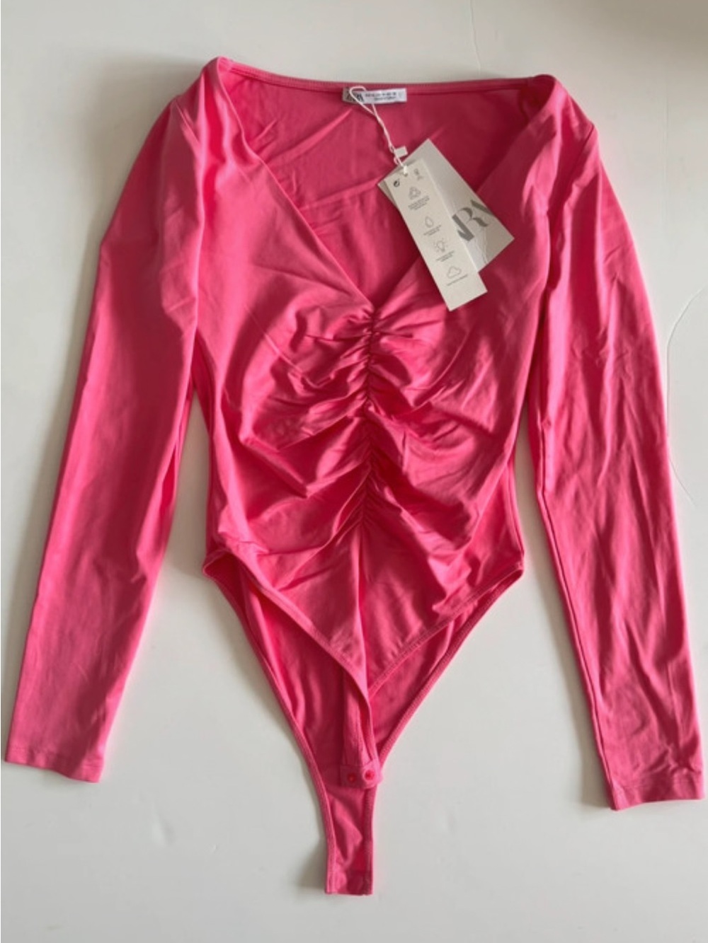 Brand New: Zara Hot Pink Long-Sleeve Ruched V-Neck One-Piece Bodysuit